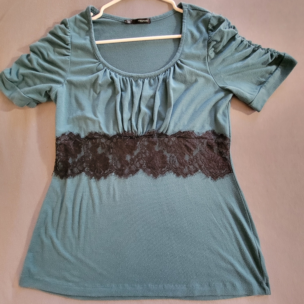 Maurices Teal Ruched Lace Embellished Blouse - L